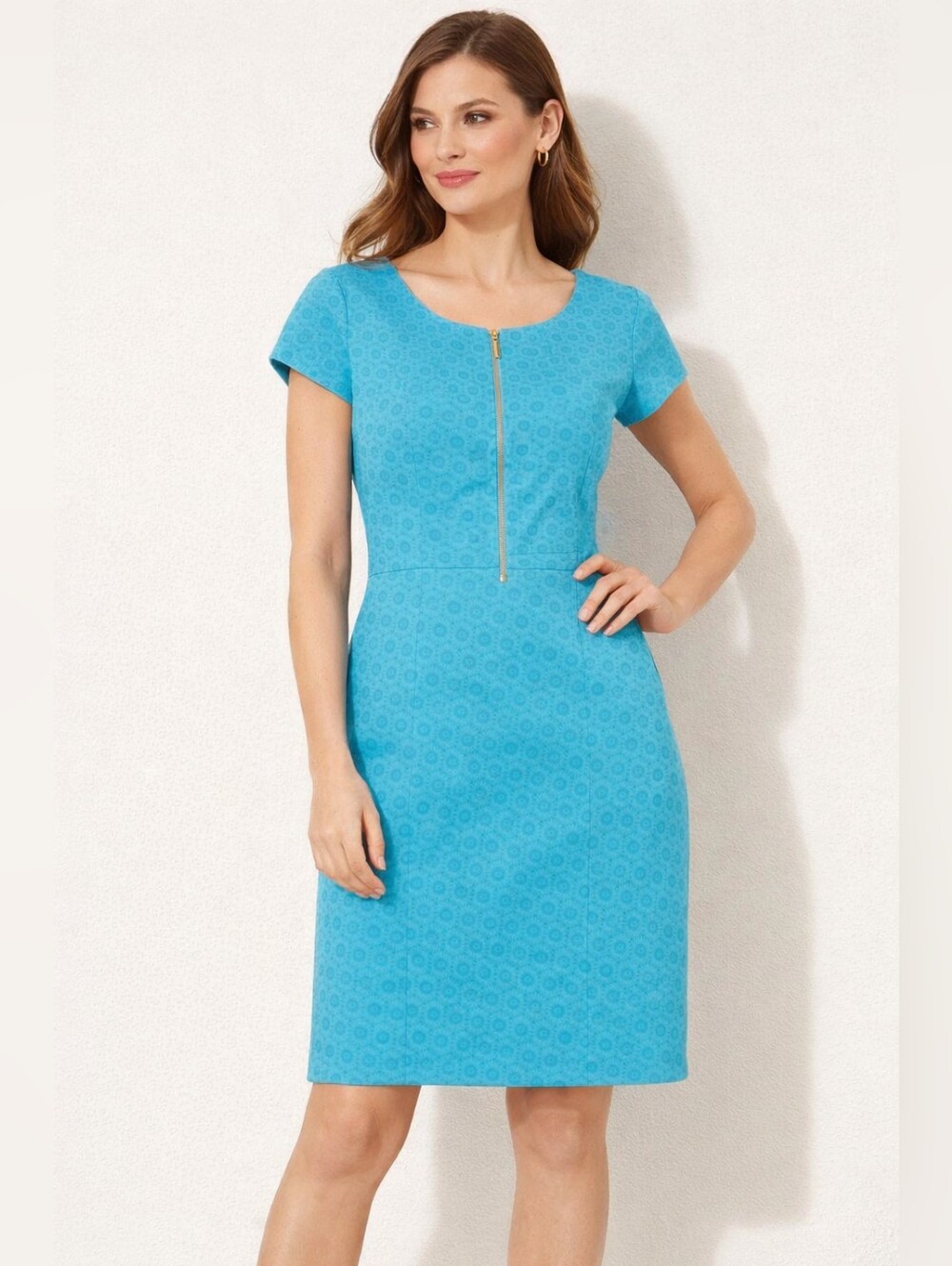 Alex Marie Sheath Dress Size 12 Teal Blue Textured Short Sleeve Zip-Up